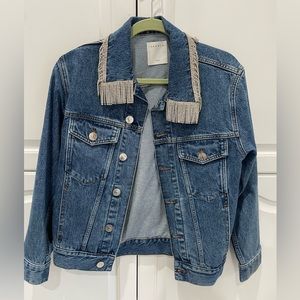 Dark wash denim jacket with rhinestone fringe colar